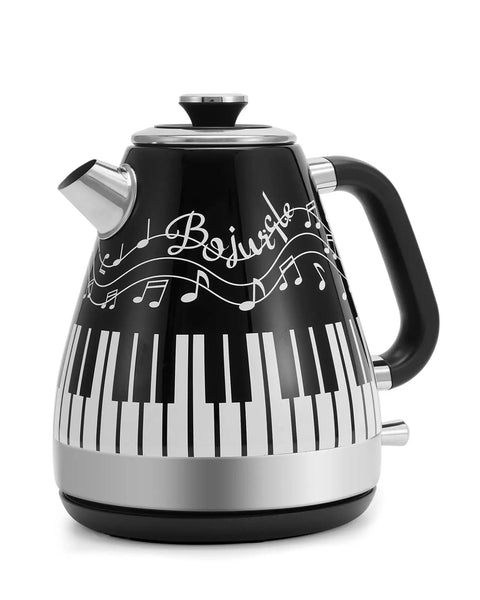 Electric Kettle With Piano And Musical Notes Design 1.7 Liter Stainless Steel Interior 1200 Watt Fast Boil For Tea And Coffee Cordless