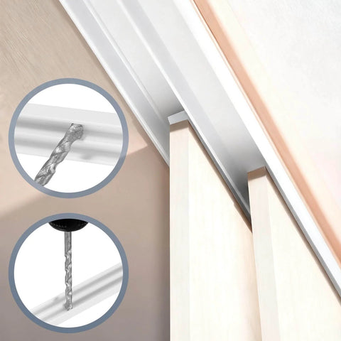 Close-up of 4-Piece Plastic Sliding Door Track Set For 1/4 Inch Panels, 2.3 Ft Long, White Upper Rails with panel installation