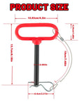 Half Inch By Four Inch Trailer Hitch Pin With Red Rubber Handle And Safety Clip Anti Loss Rope, dimensions displayed