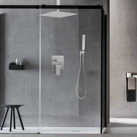 12 Inch Ceiling Mount Brushed Nickel Shower System Luxury Rain Shower Head High Pressure Mixer Valve Kit With Rough In Body And Trim