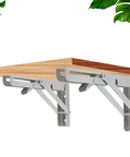 Rock Solid Heavy Duty Fold Flat Shelf Brackets No Fuss Wall Mounted Corner Brace Tight Space Savers with wooden shelf.