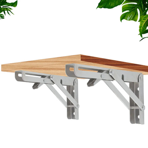 Rock Solid Heavy Duty Fold Flat Shelf Brackets No Fuss Wall Mounted Corner Brace Tight Space Savers with wooden shelf.