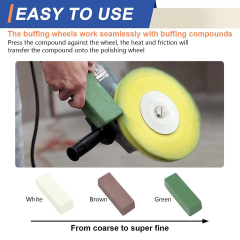 Person using Eight Inch Airway Buffing Wheel Kit For Angle Grinder With Three Buffing Wheels Three Polishing Compounds Buffing Rake And Safety Flanges Five Eighth Inch Arbor For Aluminum Stainless Steel Tanks And Metal Polishing, demonstrating buffing process on metal surface.
