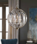 Six Light Burnished Silver Champagne Leaf Iron Pendant With Beveled Crystal Droplets, round shape, suspended highlighting elegant details.