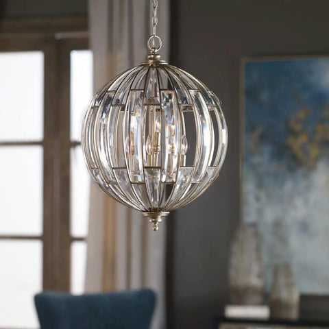 Six Light Burnished Silver Champagne Leaf Iron Pendant With Beveled Crystal Droplets, round shape, suspended highlighting elegant details.