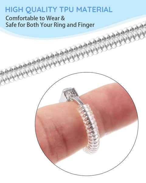 Invisible Ring Guards Kit With Spiral Silicone Size Adjusters shown on a finger, featuring clear TPU material.
