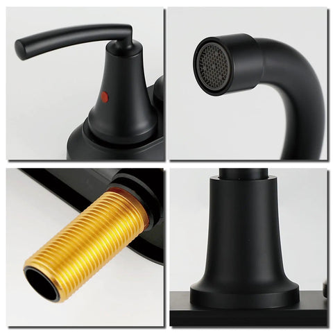 Matte Black Bathroom Sink Faucet, 4 Inch Centers, Modern Single Hole Design, BF023-MB showing spout, handle, base, and threaded part