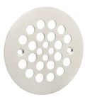 Solid Heavy Duty Shower Strainer Drain Cover With Screw In Trim Set Rust Resistant Brushed Nickel Finish, 4.25 inch diameter.