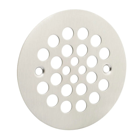 Solid Heavy Duty Shower Strainer Drain Cover With Screw In Trim Set Rust Resistant Brushed Nickel Finish, 4.25 inch diameter.