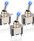 Three Pack LED Lighted Rocker Toggle Switch 12V SPST 3 Pin 2 Position On Off With Silver Plated Terminals And Gum Wood Body Built Tough For Easy DIY Auto Electronics Projects, blue LED lit