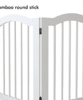 Detail of Rock Solid Freestanding Pet Gate With Quick Rollout Four Panel Dog Safety Fence made of white MDF, showing a curved top.