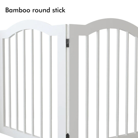 Detail of Rock Solid Freestanding Pet Gate With Quick Rollout Four Panel Dog Safety Fence made of white MDF, showing a curved top.