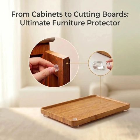 Image of a hand applying a half inch clear silicone bumper on a cabinet door with a bamboo tray underneath, showing 256 Piece Bulk Pack Clear Silicone Cabinet Door Bumpers Sticks Like Glue Half Inch Rubber Furniture Protectors Soft Close Pads To Keep Your Cabinets Chill And Quiet During Everyday Use.