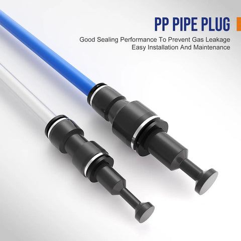 PP pipe plugs for pneumatic quick-connect fittings showing gas leak prevention design with blue and transparent tubing
