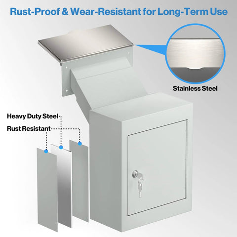 Built Tough Heavy Duty Through Wall Mailbox With Rainproof Cover Locking Drop Box And 10 Inch Adjustable Chute Weatherproof Drop Safe