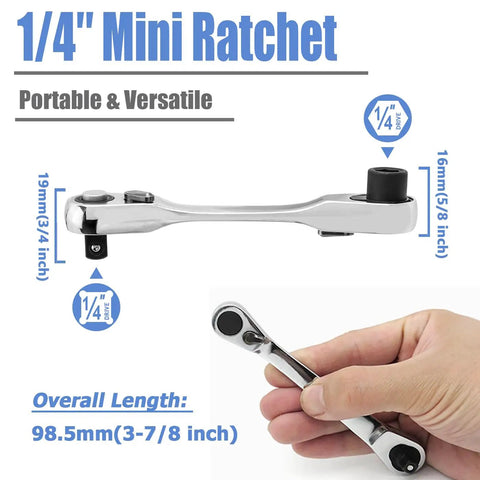 Mini 72-Tooth One Quarter Inch Ratchet Wrench With Dual Head Hex Bit Holder And Square Drive, quick release in hand