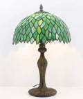 Green Tiffany Style Stained Glass Table Lamp For Desk And Bedside Use 12x12x18 Inch Antique Green Bronze Base UL Listed Cozy Reading Light