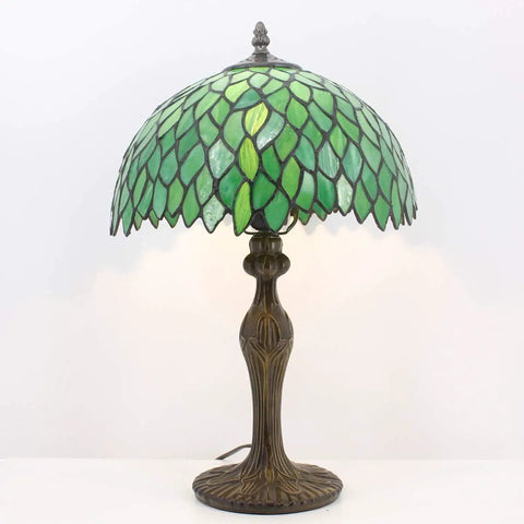Green Tiffany Style Stained Glass Table Lamp For Desk And Bedside Use 12x12x18 Inch Antique Green Bronze Base UL Listed Cozy Reading Light