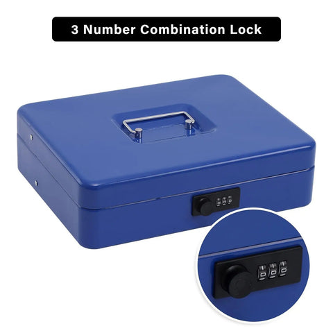 Premium Metal Cash Box With Tray And Killer Combination Lock, Blue Locking Box, durable steel body, top view with lock detail