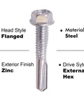 Self Drilling Hex Washer Head Tek Screws For Attaching Sheet Metal To Metal Size 12 24 By 1 1 4 Inch Zinc Plated Steel