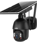 Wireless Outdoor Solar Security Cam With 360 Degree PTZ And Spotlight, featuring solar panel and infrared night vision, black color
