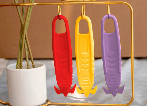 Safe Recessed Blade Box Cutter Knife 10 Pack Purple With Double Sided Blade For Easy Cuts And Reduced Risk Of Lacerations No Sweat For Opening Boxes Packages And Cartons, purple box cutter hanging with red and yellow units