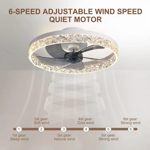 Modern Indoor Flush Mount Ceiling Fan With Lights Remote Controlled Dimmable LEDs 6-speed DC motor crystal style light 50 cm