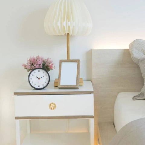 Hexagon Pocket Door And Drawer Handles Set Of 4 Flush Ring Pulls in zinc alloy gold finish installed on nightstand drawer