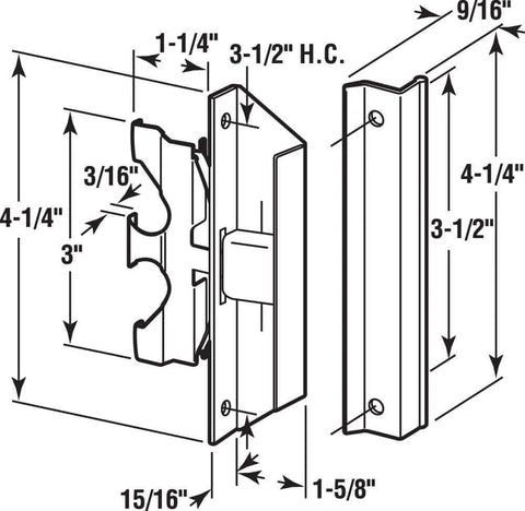 Technical drawing of A 220 Black Screen Door Latch And Pull Replacement Handle for Bay Mills sliding doors with dimensions and measurements.