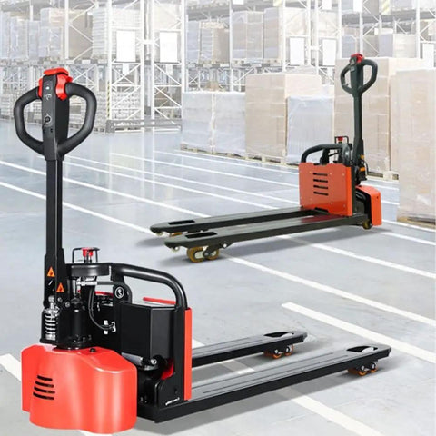 Heavy Duty Electric Pallet Jack With Lithium Battery, 3300 Lbs Capacity Motorized Forklift Lift Truck for warehouse use on concrete floor.