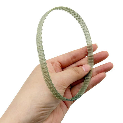 Built Damn Tough 1.5M 70 Tooth Steel Reinforced Mini Lathe Drive Belt in hand shows grip and flexibility for C2 C3 CJ0618 machines.