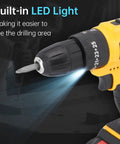 Rugged 21V Cordless Drill And 3 In 1 Impact Driver Kit Featuring Straight Shooting Accuracy Up To 1280 Rpm showing the built-in LED light for visibility.