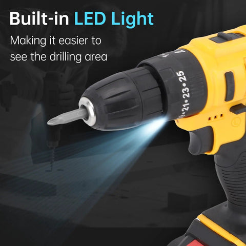 Rugged 21V Cordless Drill And 3 In 1 Impact Driver Kit Featuring Straight Shooting Accuracy Up To 1280 Rpm showing the built-in LED light for visibility.