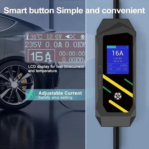 No Brainer Plug And Play Portable EV Charger With GB/T Connector And NEMA 5 15 Household Plug, LCD screen showing 16A and charging info.