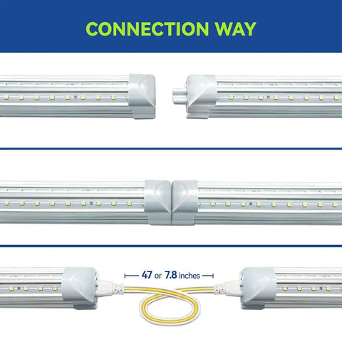Connection setup for 2 Foot V Shaped LED Shop Light 5000K 20W 2500lm Daylight, showing linkable design and wiring options.