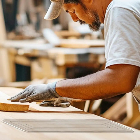 Man using Clear Acrylic Router Template Set With Four Rectangular Inlay Guides And Etched Dimensions for precise woodworking cuts.