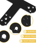 Close-up of black T bracket showing screw holes, part of Black T Bracket Set For Wood And Steel, Post To Beam Connectors, 6 Pcs Flat T Plate Brackets With Screws, Pergola Rafters Repair And Reinforcement, 4mm Thick, Heavy Duty Mending Brackets.