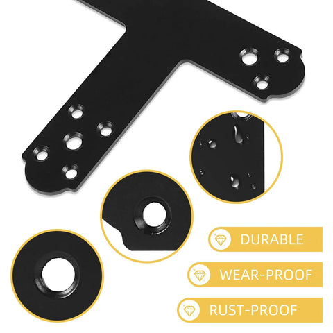 Close-up of black T bracket showing screw holes, part of Black T Bracket Set For Wood And Steel, Post To Beam Connectors, 6 Pcs Flat T Plate Brackets With Screws, Pergola Rafters Repair And Reinforcement, 4mm Thick, Heavy Duty Mending Brackets.