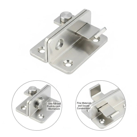 One Handed Stainless Steel Push Latch For RV And Boat Cabinets No Fuss Easy Install Keeps Doors Locked Against Road Vibration And Lets You Access Gear Fast While Traveling, showing silver latch with mount holes and push-to-lock mechanism.