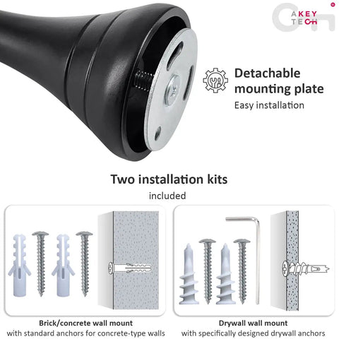 Beefy Heavy Duty Curtain Rod Brackets For Wall Mounts Extra Long 6 Inch Rod Holders For Heavy Curtains Fits Three Quarters To One Inch Rods 2 Pack Extended Wall Mount Brackets Black showing detachable mounting plate and installation kits for brick and drywall.