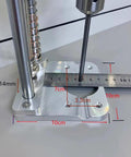 Compact Drill Press Stand with Vertical Drill Guide for Hand Drills showing aluminum base, measurements, and positioning features.