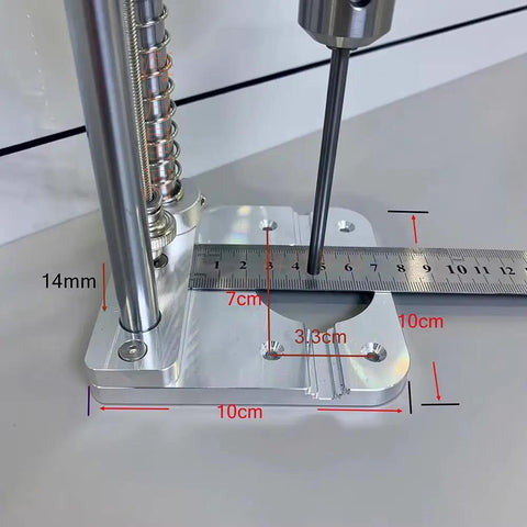 Compact Drill Press Stand with Vertical Drill Guide for Hand Drills showing aluminum base, measurements, and positioning features.