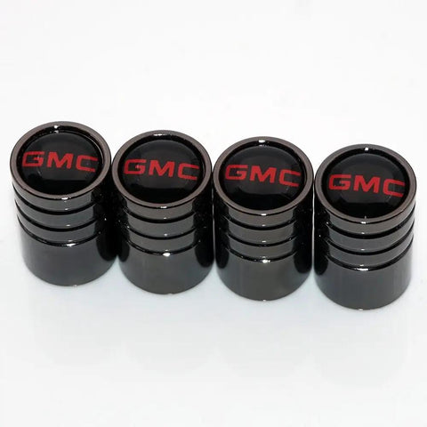GMC Logo Emblem Valve Cap Set For Cars Four Pack Dope Carbon Fiber Look Black Chrome Wheel Tire Stem Covers Easy Install