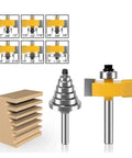 Heavy Duty Rabbet Router Bit Set With 6 Interchangeable Bearings And Multi Shank Tenon Cutter For Smooth Woodworking Projects and versatile cut depths up to half inch displayed with router bits and wood.