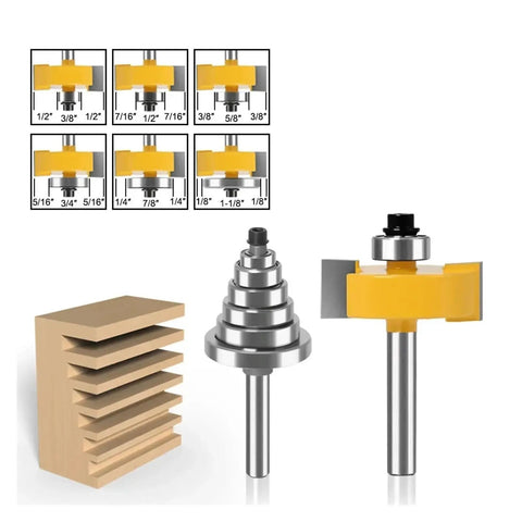 Heavy Duty Rabbet Router Bit Set With 6 Interchangeable Bearings And Multi Shank Tenon Cutter For Smooth Woodworking Projects and versatile cut depths up to half inch displayed with router bits and wood.