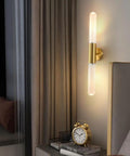 Wall Sconce Lights Indoor Bedroom Hallway GU10 2- Modern Long Brushed Middle Ages Brass Linear Clear Glass Copper Mount Lamp for Bedside Study Children's Room Bathroom with warm light beside bed