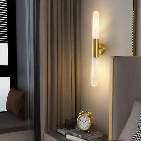 Wall Sconce Lights Indoor Bedroom Hallway GU10 2- Modern Long Brushed Middle Ages Brass Linear Clear Glass Copper Mount Lamp for Bedside Study Children's Room Bathroom with warm light beside bed