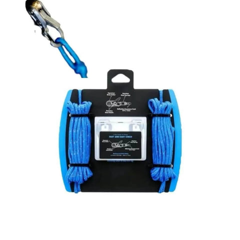 Two Pack Outdoor Rope Adjusters with blue cords for camping and boating, marine-grade brass and stainless steel, compact packaging.