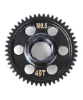 Close-up of 49T 0.5 Mod CNC Spur Gear Upgrade For Typhon Granite Mojave And Losi RC Cars Beefed Up Strength For 1/12, 1/16, 1/14, And 1/18 Scales Durable Metal Gear Set For Stronger Drivetrain showing metal teeth and holes