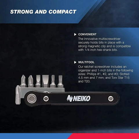 Compact One Quarter Inch Drive Mini Ratchet Screwdriver Set, Eight Piece, Cr-V Steel with organized bits and logo visible